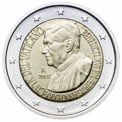 Юбилейная монета Ватикан 2 евро 2007 80 лет папе римскому Бенедикту XVI 
