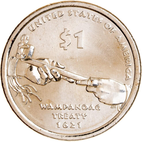 Доллары Сакагавеи - Коренные Американцы США 1 доллар 2011 Сакагавея. Договор с Вампаноагами - трубка мира. D фото из магазина евромонета.рф