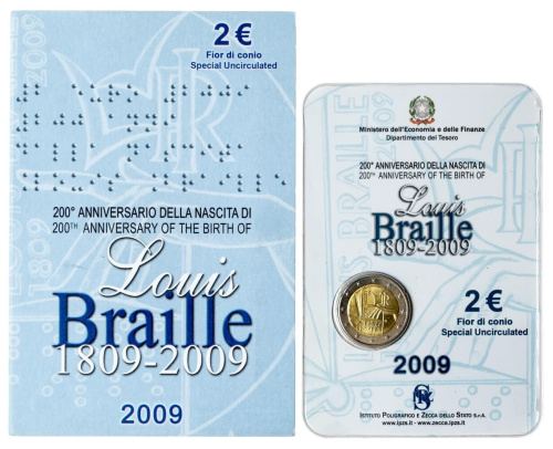 Юбилейная монета Италия 2 евро 2009 Луи Брайль. BU 