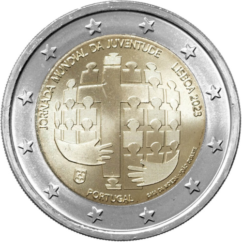 Юбилейная монета Португалия 2 евро 2023 Всемирный день молодежи в Лиссабоне 2023 | Интернет-магазин евромонета.рф 