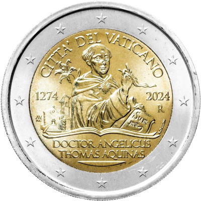 Памятные монеты 2 евро BU Ватикан 2 евро 2024 750 лет со дня смерти Фомы Аквинского фото из магазина евромонета.рф 1