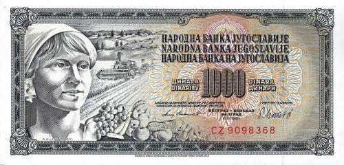 Банкноты Югославии Югославия 1000 динар 1981 фото из магазина евромонета.рф