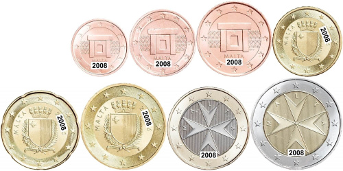 Мальта 2008 набор монет евро 8 монет 1/2/5/10/20/50 евроцентов ( центов ) 1 и 2 евро. UNC в интернет-магазине евромонета.рф