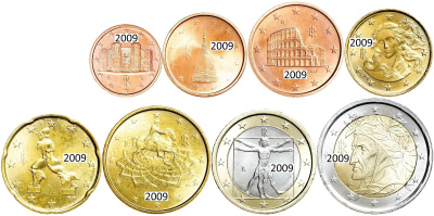 Италия 2009 набор монет евро 8 монет 1/2/5/10/20/50 евроцентов ( центов ) 1 и 2 евро. UNC в интернет-магазине евромонета.рф