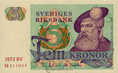 Банкноты Швеции Швеция 5 крон 1972 фото из магазина евромонета.рф