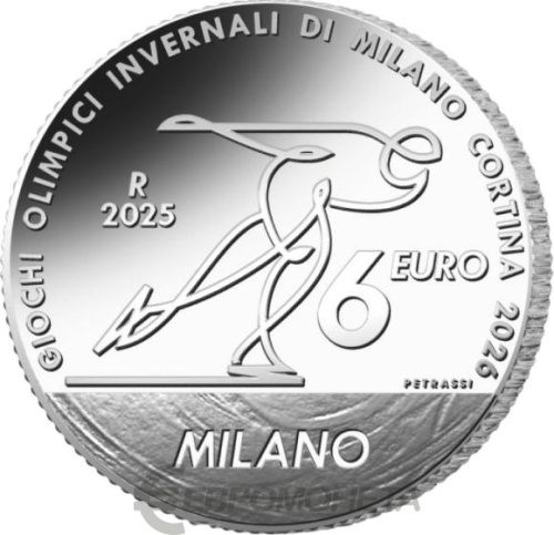 Коллекционная монета Европы Италия 6 евро 2025 Зимние Олимпийские Игры 2026 Милан-Кортина, Конькобежный спорт | Интернет-магазин евромонета.рф 