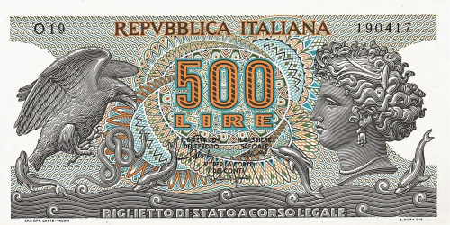 Банкноты Италии Италия 500 лир 1967 фото из магазина евромонета.рф