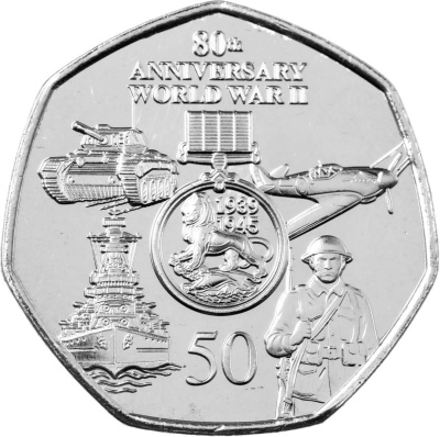 Юбилейная монета Гибралтар 50 пенсов 2025 80-я годовщина окончания Второй мировой войны фото в интернет-магазине евромонета.рф
