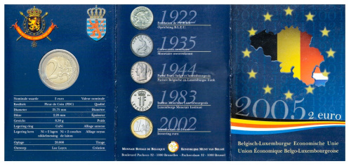 Юбилейная монета Бельгия 2 евро 2005 Экономический союз с Люксембургом. BU 