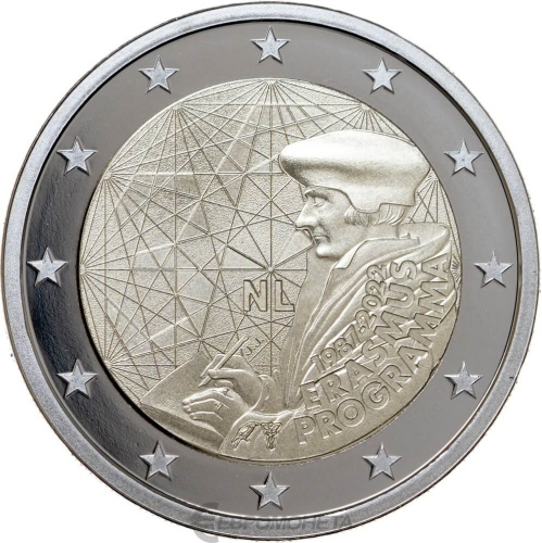 Юбилейная монета Нидерланды 2 евро 2022 35 лет программе Erasmus. Пруф ( Proof ) 