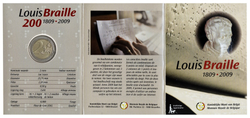 Юбилейная монета Бельгия 2 евро 2009 Луи Брайль. BU 